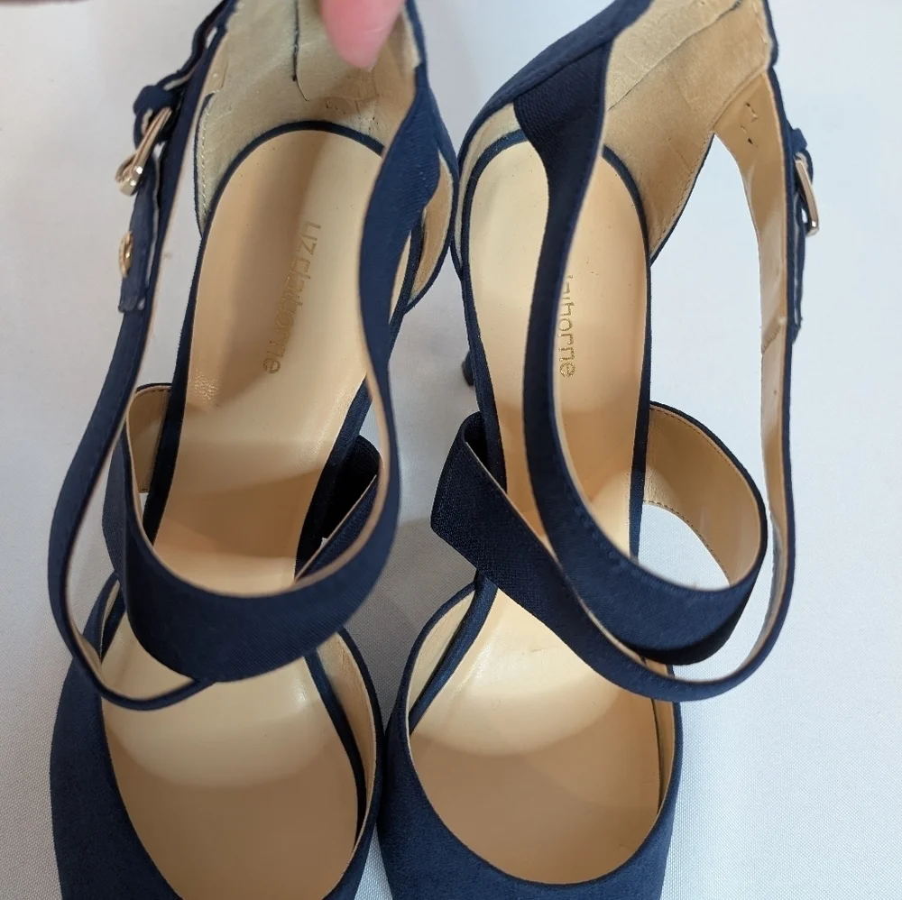Liz Claiborne Keegan Navy Blue Suede Crossover Strap Stiletto Heels EUC